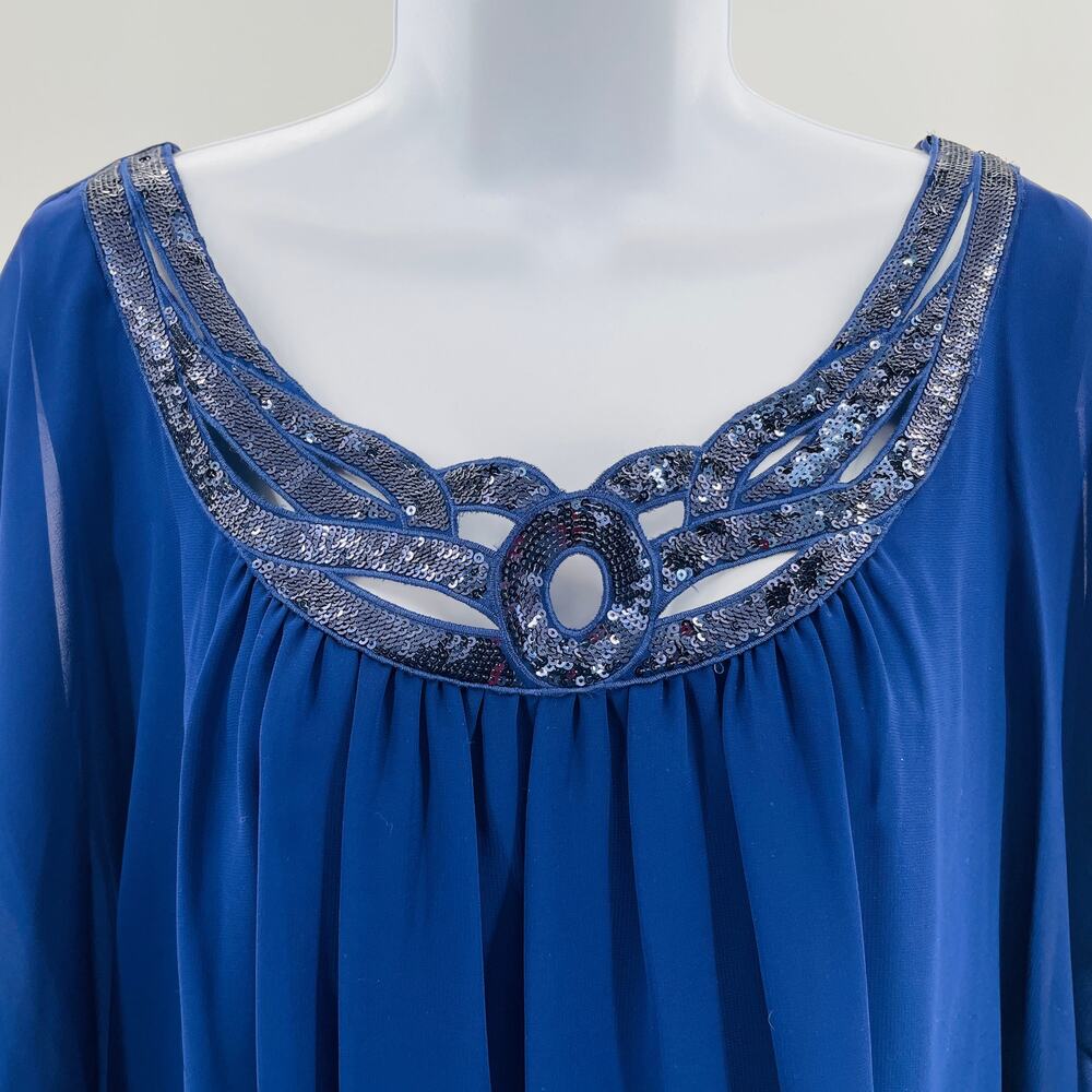 JR Nites by Carol Lin Blue Chiffon Sequin Neck Short Dolman Sleeve Dressy Top 14 - Picture 4 of 9